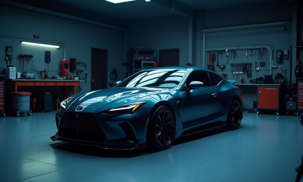 Isang makintab, pasadyang sasakyan sa isang modernong garahe na may kumikinang na ilaw.